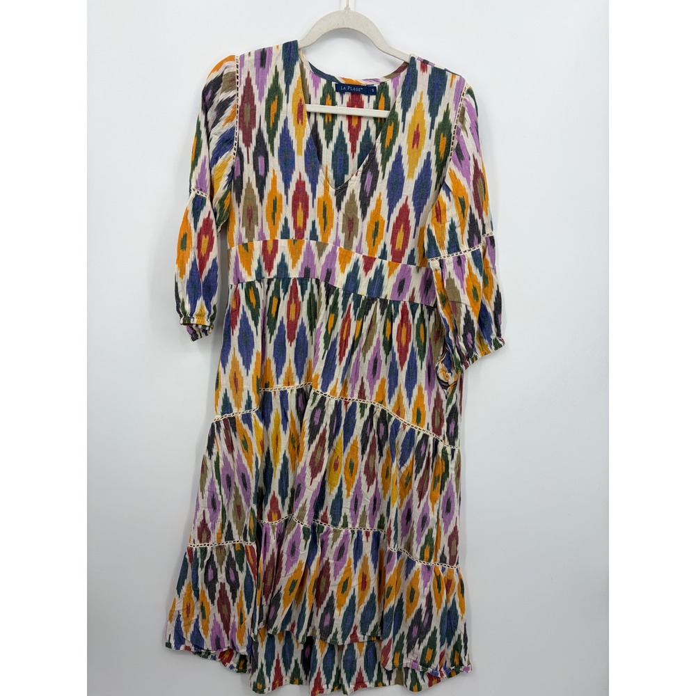 La Plage Beaufort Ikat Tiered Midi Dress Womens S Multicolor Cotton Boho V-Neck